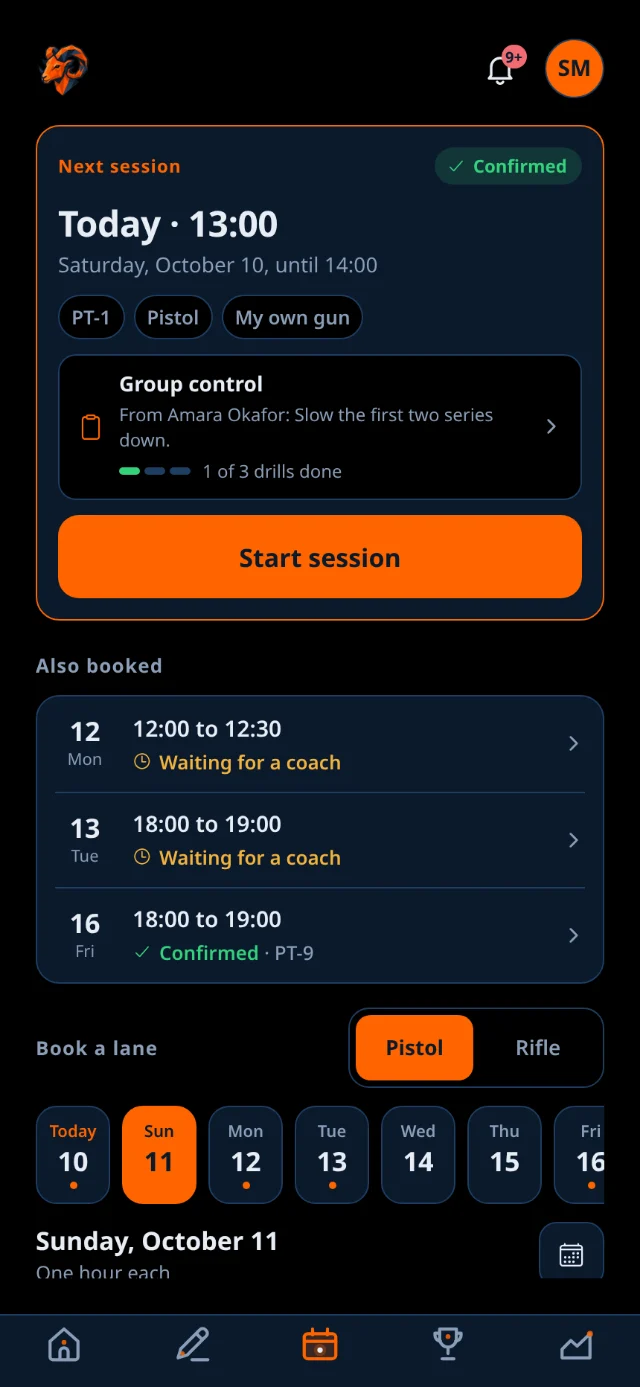 The Book tab: the next session&rsquo;s card with its plan and a Start session button, the other bookings under it, and a strip of days to pick from.