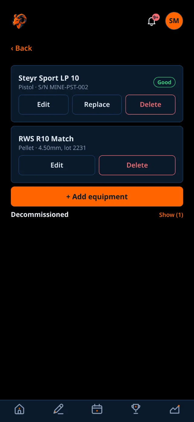 The equipment screen listing the athlete's own guns and pellets.