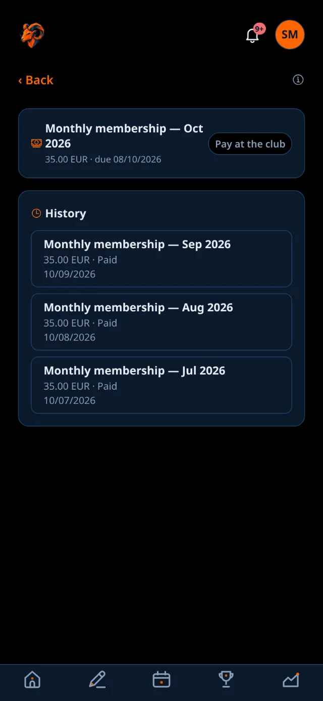 The fees screen showing an outstanding balance and individual fees.