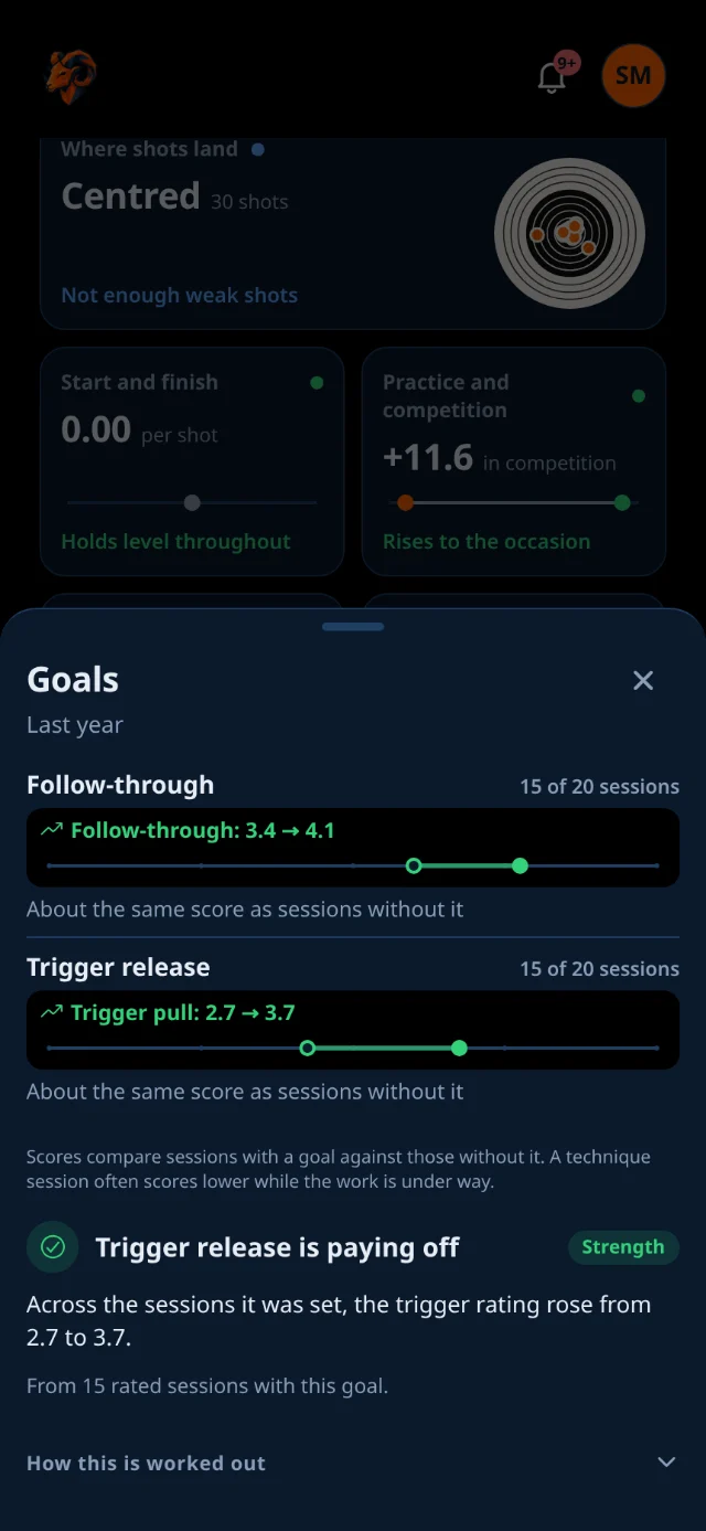 The Goals reading, open: each goal with its sessions, the trigger rating rising on a 1 to 5 scale, and what was found about each goal.