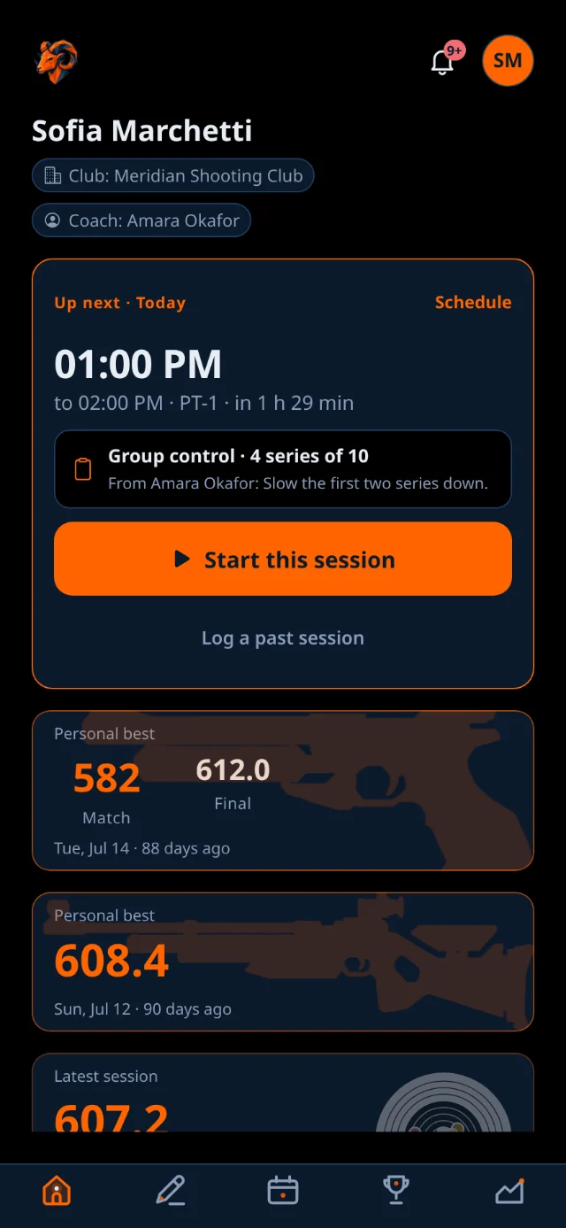Athlete home: the Up next card with the next booked session and its program, then the personal best, latest session, week streak and standing.