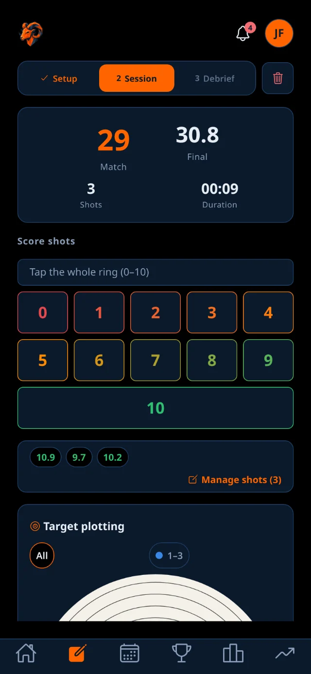 The logging keypad mid-session, showing shots entered and a running total.