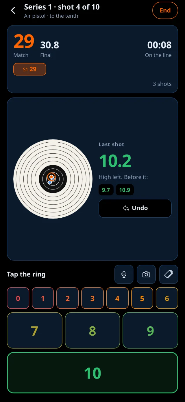 The logging keypad mid-session, showing shots entered and a running total.