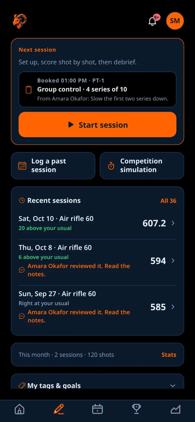 Log tab landing screen: the next session card with Start session, tiles for Log a past session and Competition simulation, and recent sessions.