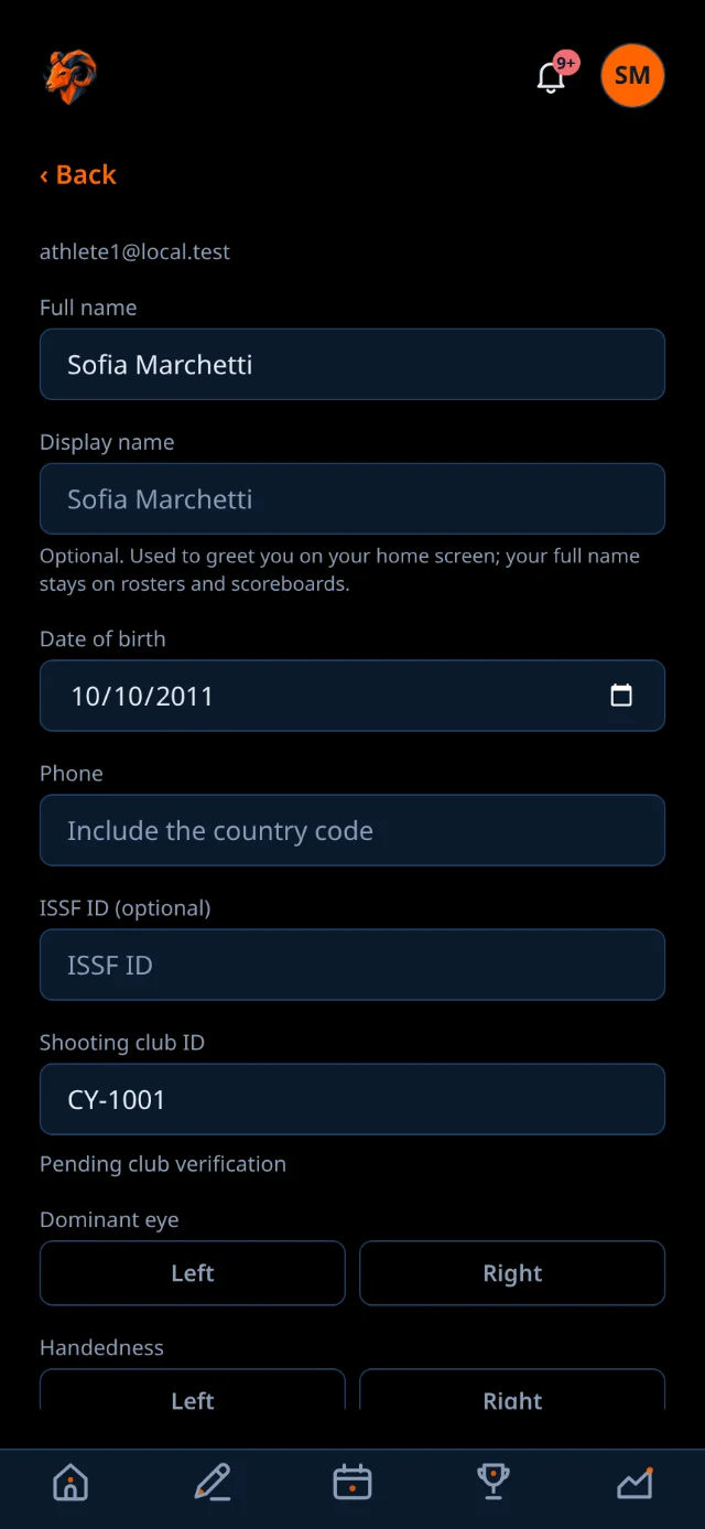 Profile details with name, date of birth, phone and ID fields.