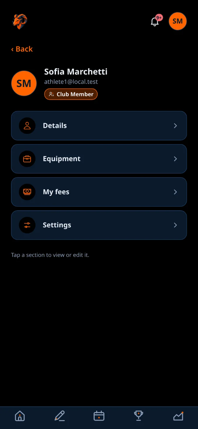 The profile hub with links to details, equipment, analytics and settings.