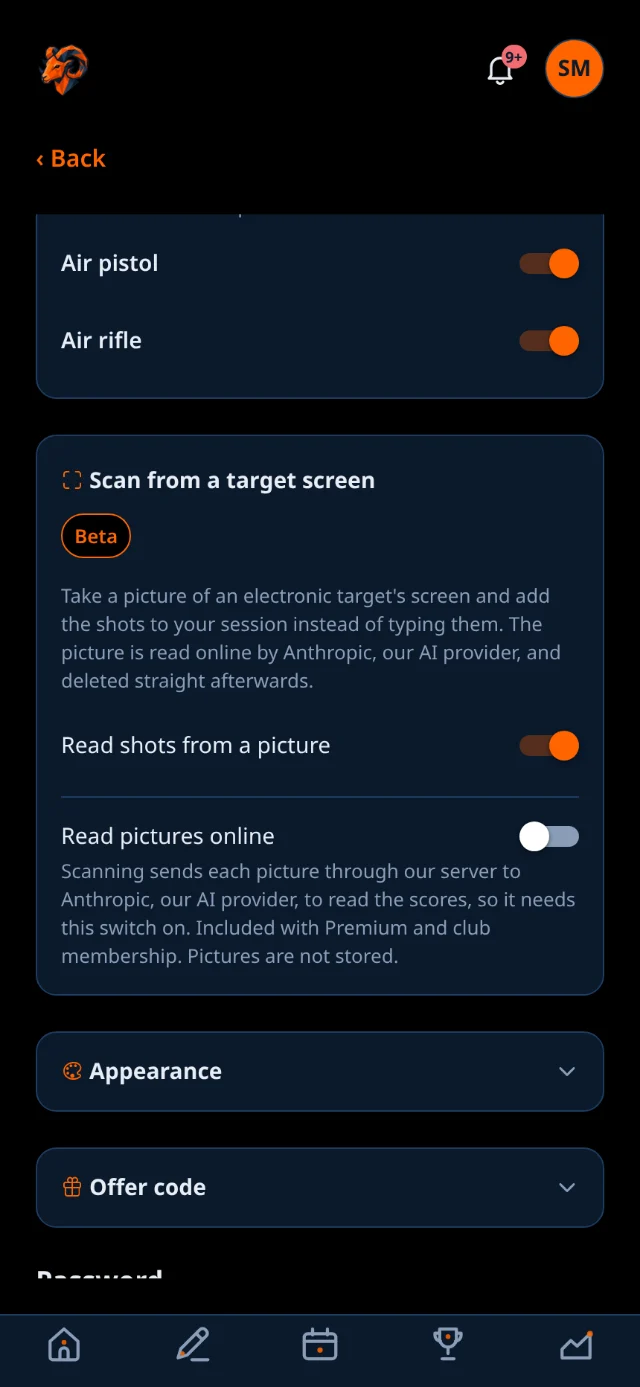 Settings screen showing the Scan from a target screen panel, marked Beta, with a Read shots from a picture switch.