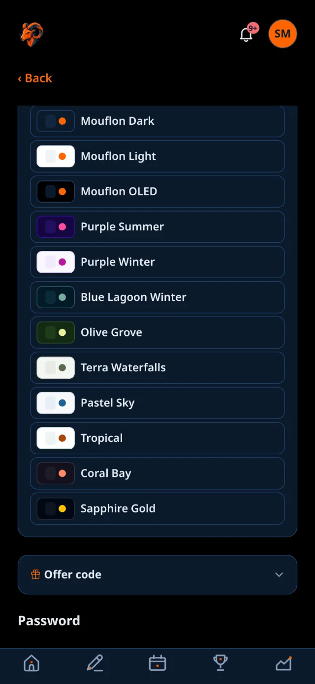 The theme picker open, each palette shown as a swatch in its own colors.