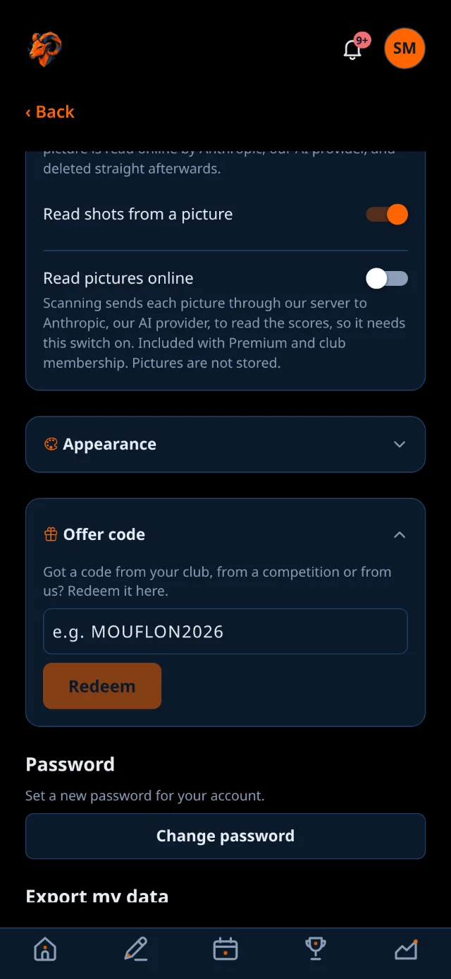 The offer code panel open, with a field to redeem a code.
