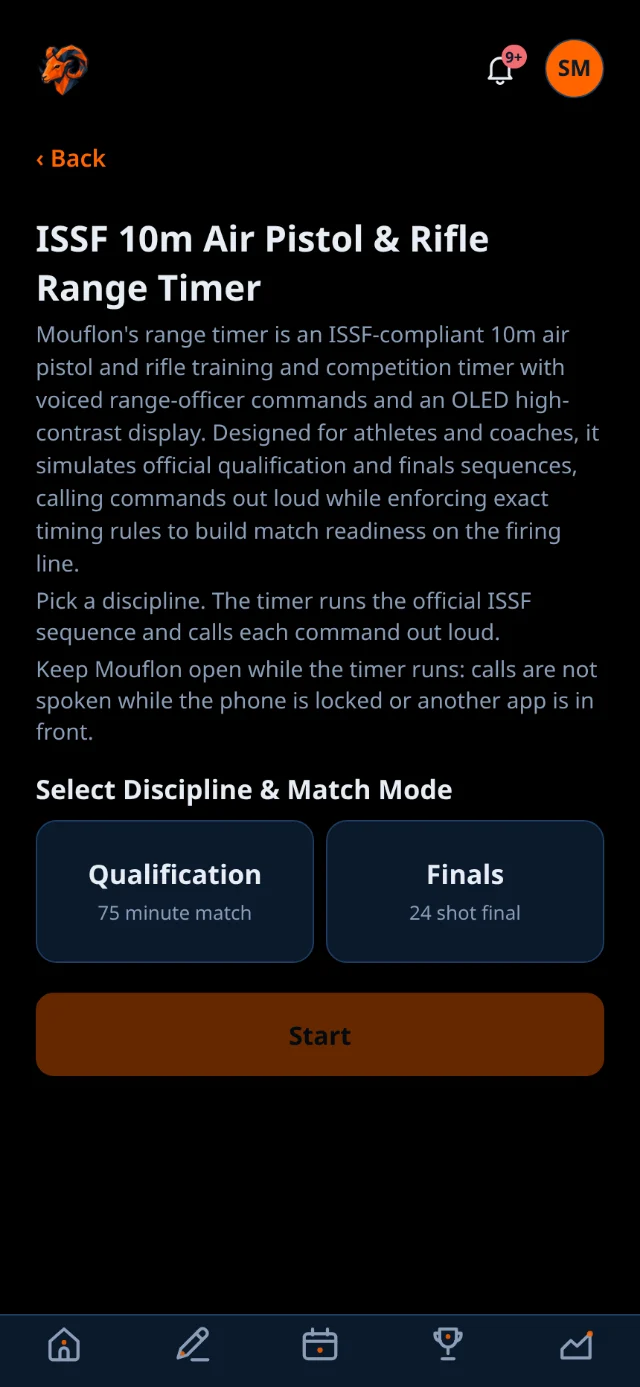 The competition simulation screen with mode selection and the full ISSF step list.