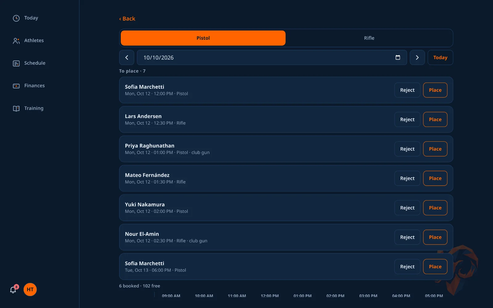 The day board: a grid of lanes against hours with named bookings, and the requests still to place above it.