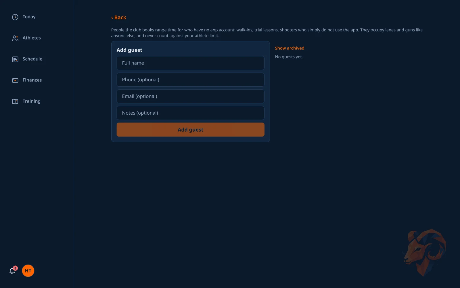 The guests screen for booking walk-in and trial shooters.