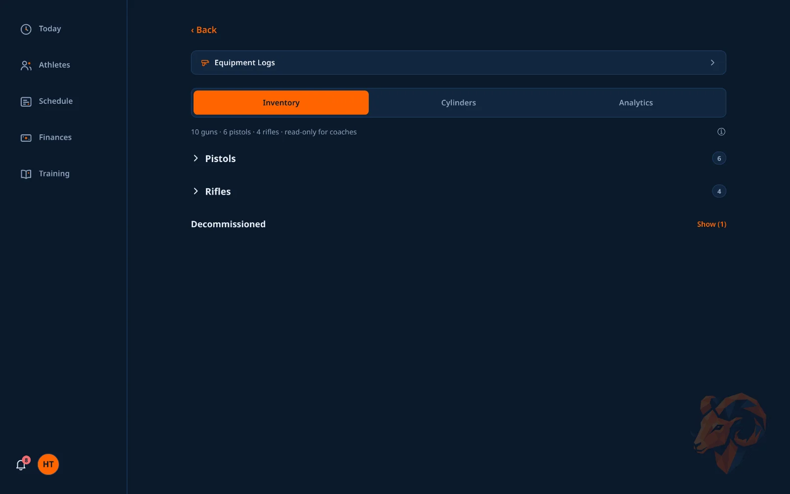 The club's gun inventory as a coach sees it: guns by type, read-only, with the Equipment Logs link at the top.