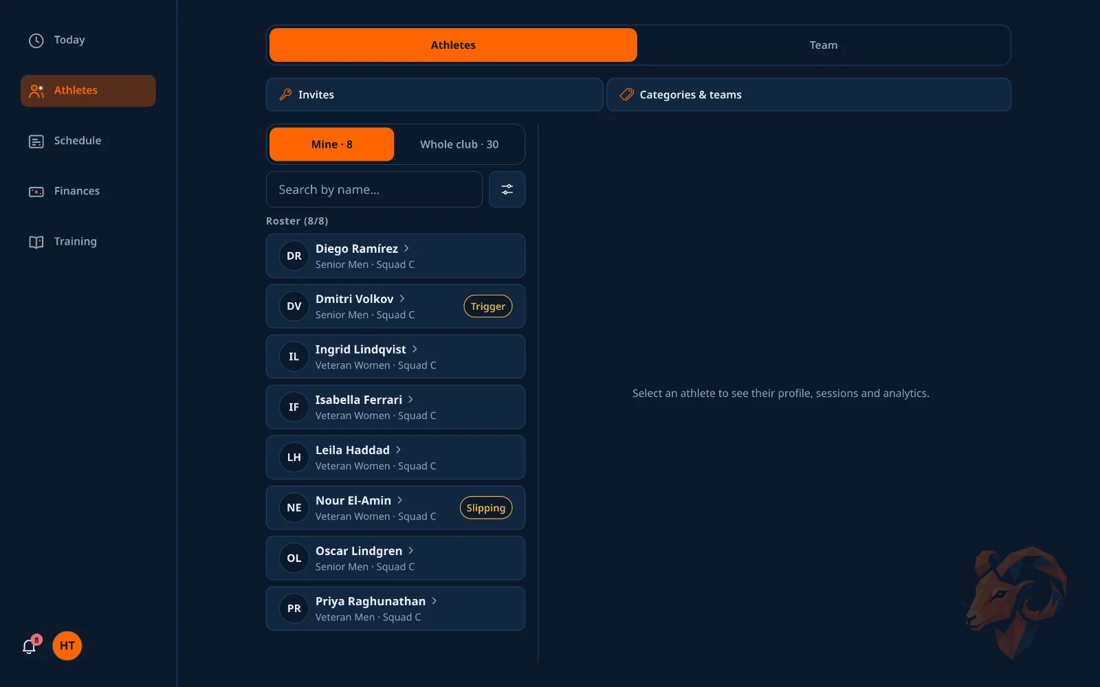 The Athletes tab: the roster with search and filters, Invites and Categories & teams above it, and the selected athlete in a detail pane.