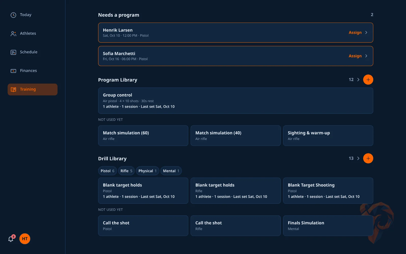 The Training tab, showing the newest programs and the drills by category.