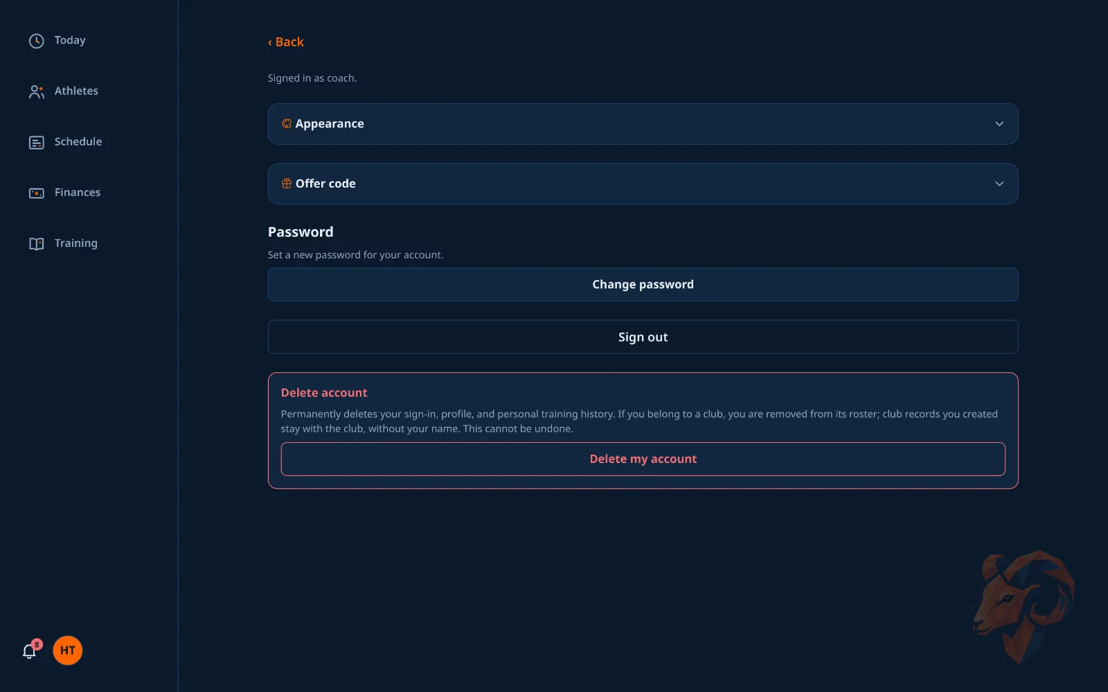 Staff settings on a desktop layout, with appearance and offer code sections.