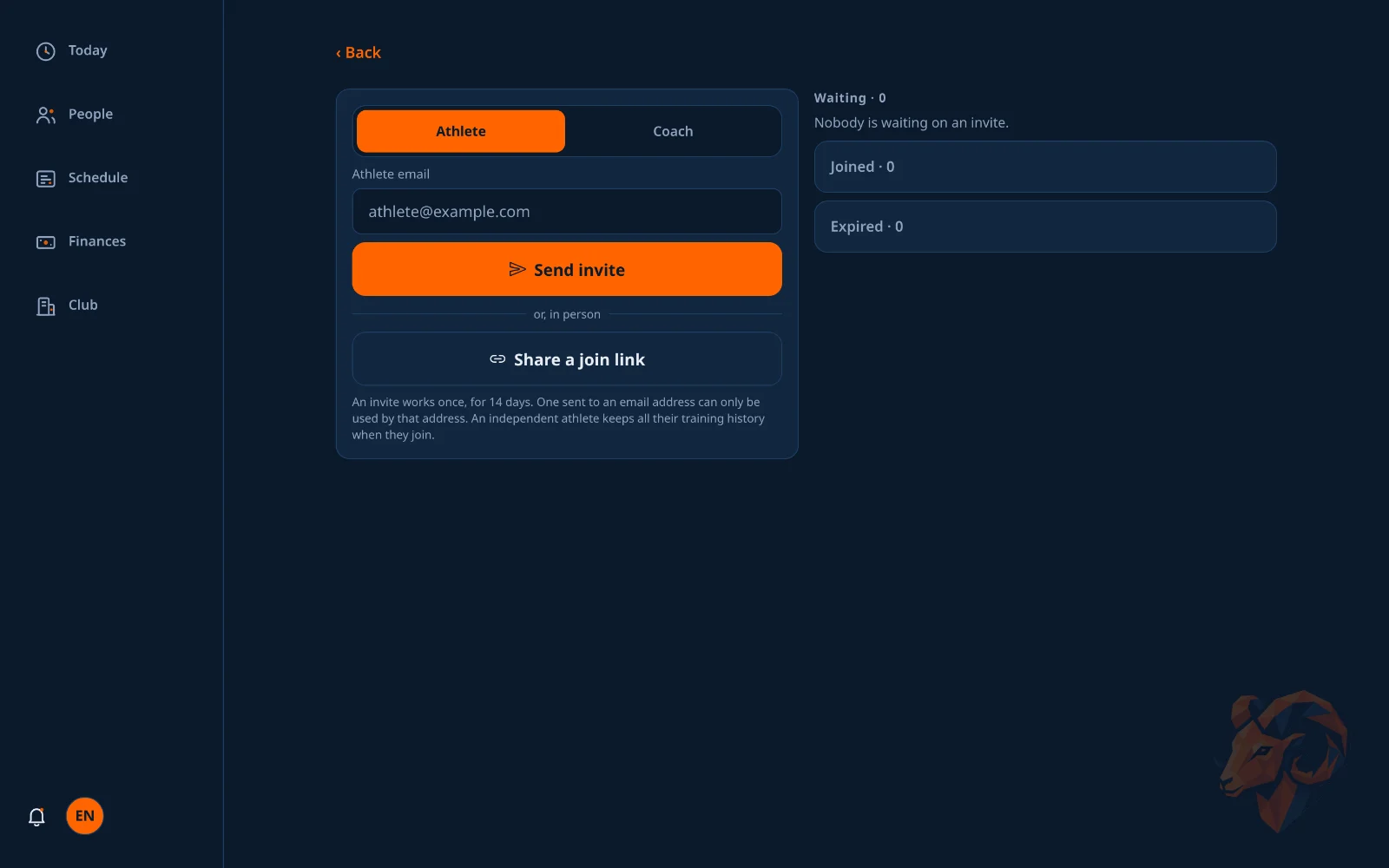 The invite links screen for minting single-use club invite codes.