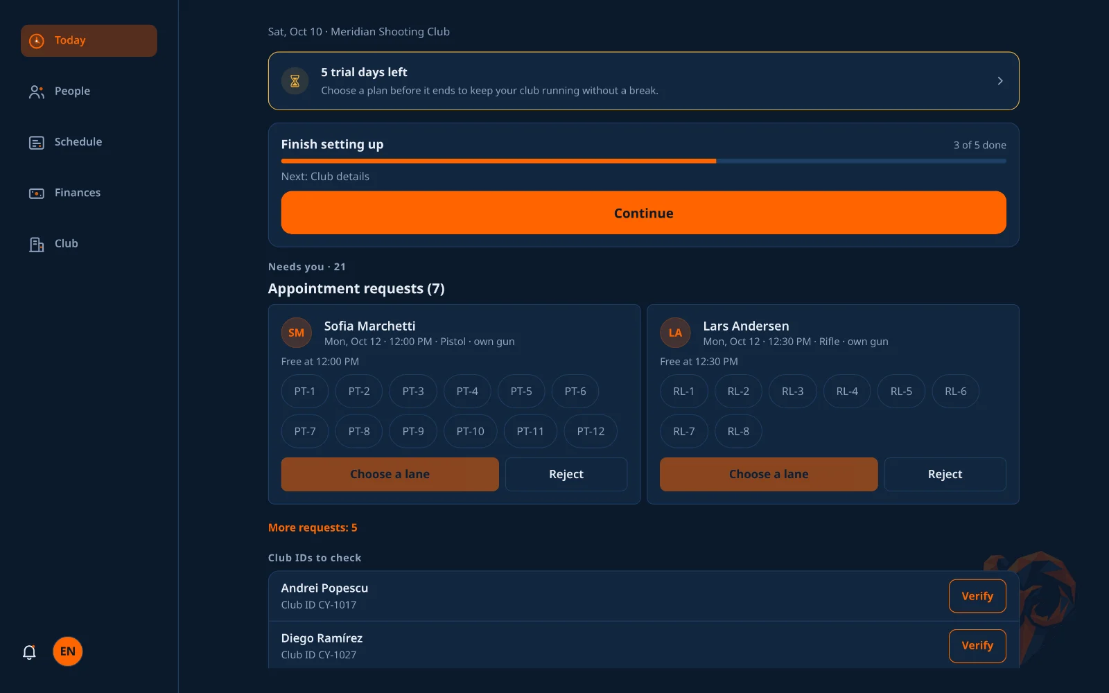 Today for an owner: the trial notice, what needs you with booking requests answered in place, then the range and the club&rsquo;s figures.