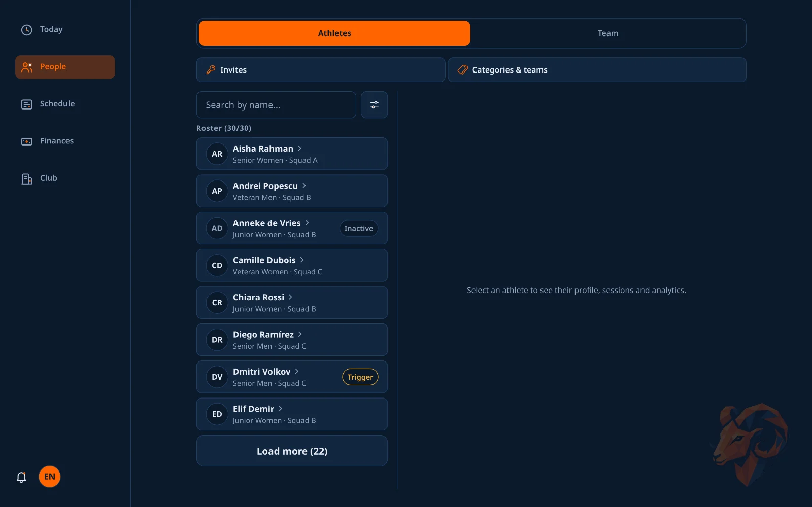 The People tab: the roster with search and filters, its Athletes and Team segments, Invites and Categories & teams.