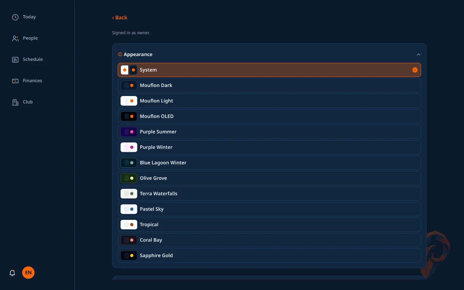 Owner settings with the appearance section open, showing every theme.