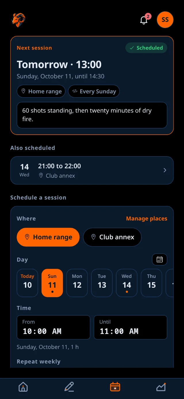 An independent athlete&rsquo;s Book tab: the next session of a weekly series, another session under it, and the form for scheduling one.