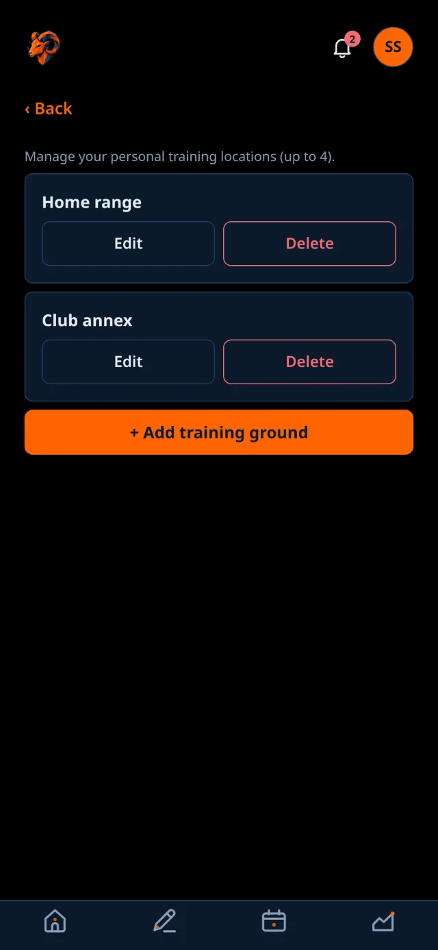 The training grounds screen where an independent athlete adds the ranges they use.
