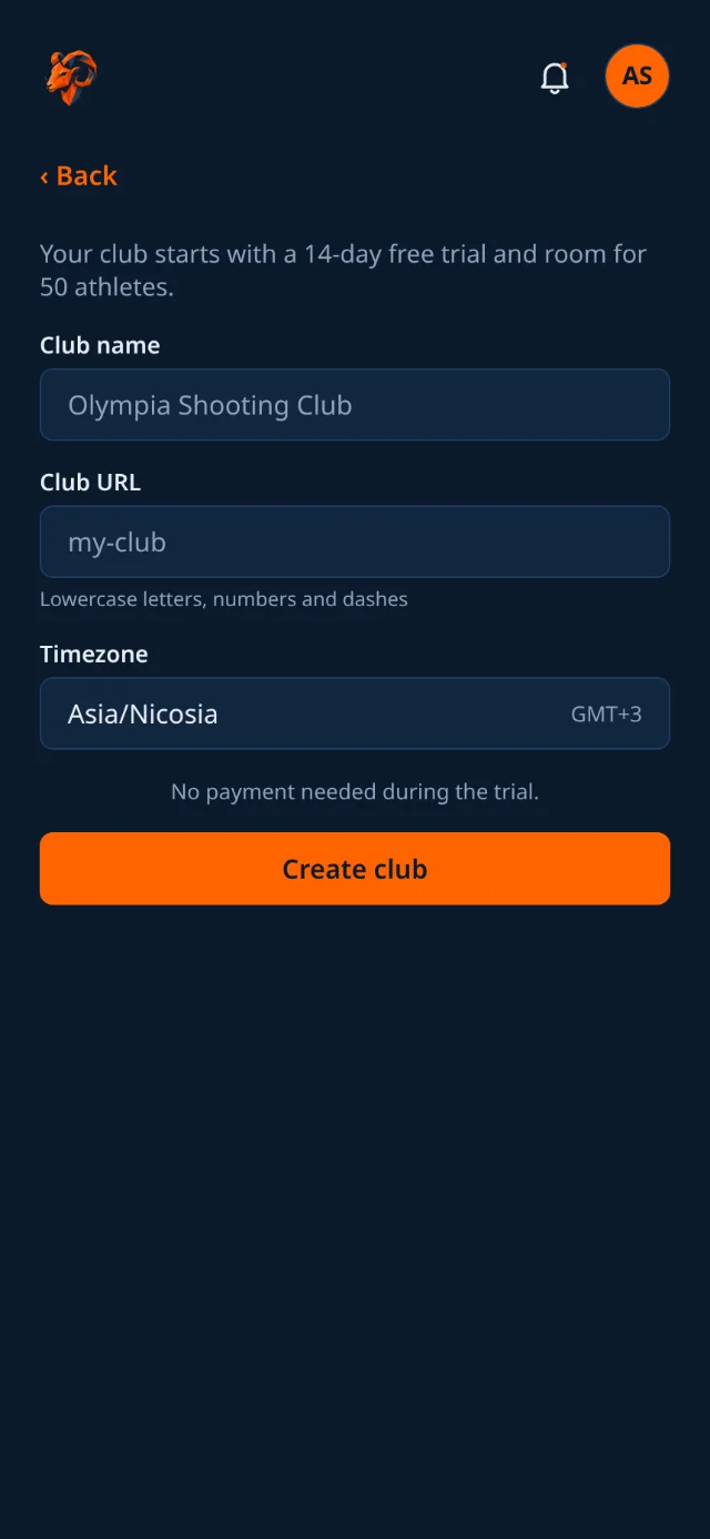 Create-club form with club name, club URL and timezone fields.