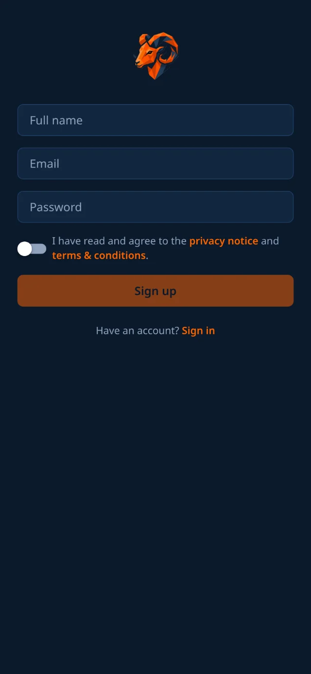 The Mouflon sign-up screen with full name, email and password fields and a privacy-notice toggle.