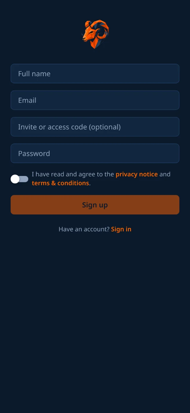 The Mouflon sign-up screen with full name, email and password fields and a privacy-notice toggle.